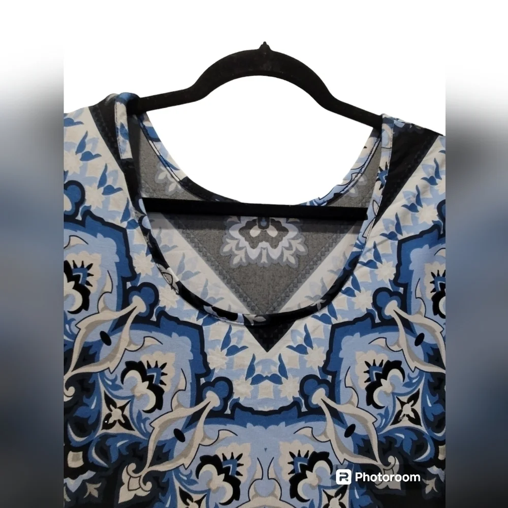 XL Navy Blue Sheer Flowy Sleeve V Neck Tunic Paisley Geometric - Picture 5 of 7